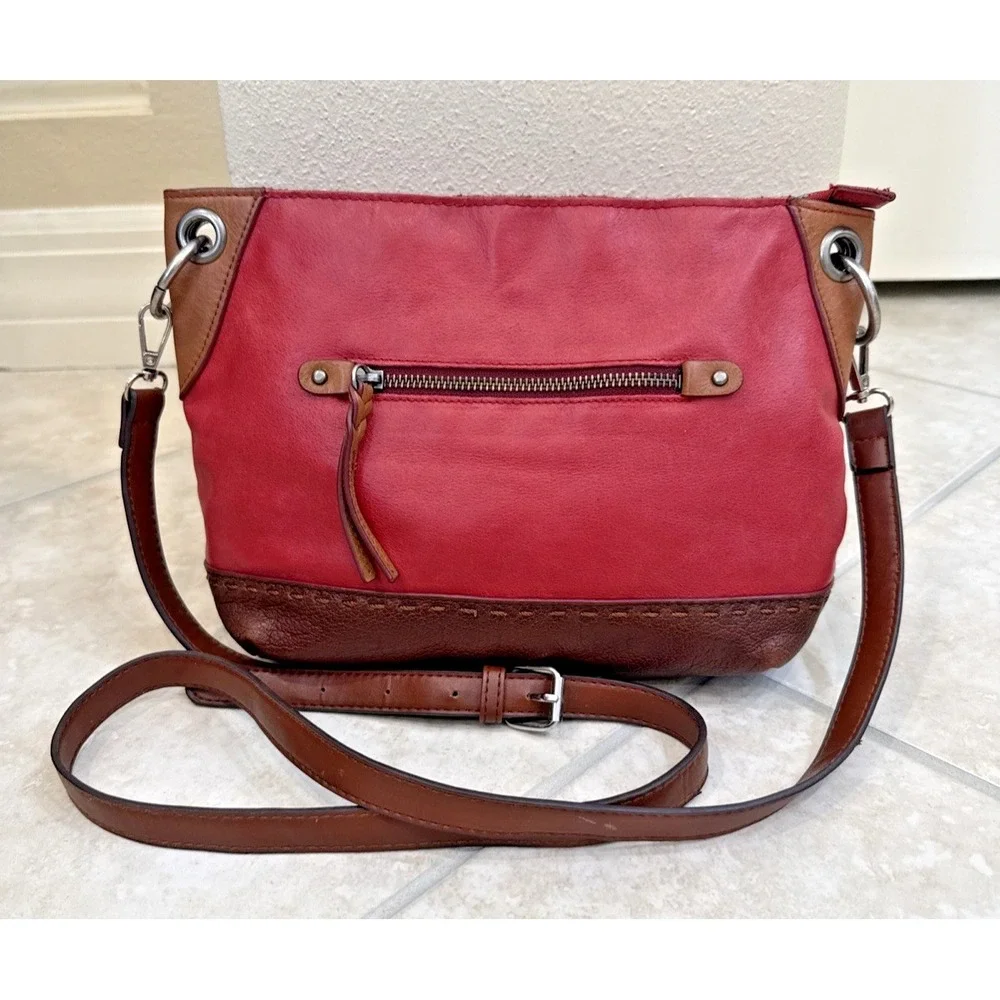 The Sak Red & Brown Leather Crossbody Shoulder Purse Bag Outside pockets Boho